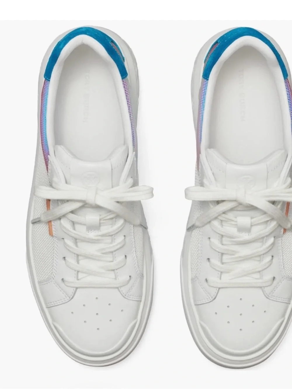 Tory Burch White Platform Sneakers with Iridescent & Teal Heel